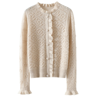 气质高货~重工挑花镂空100%纯山羊绒开衫女圆领羊绒毛衣针织外套