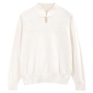 米皇秋季新款中式旗袍领套头纯色羊绒女复古典雅纯羊绒针织衫