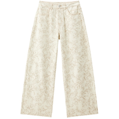 【商场同款】乐町米色牛仔长裤春季新款花纹直筒印花裤C1HAF3152