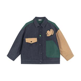 马拉丁童装男大童牛仔外套2024春秋新款拼色设计趣味复古牛仔夹克