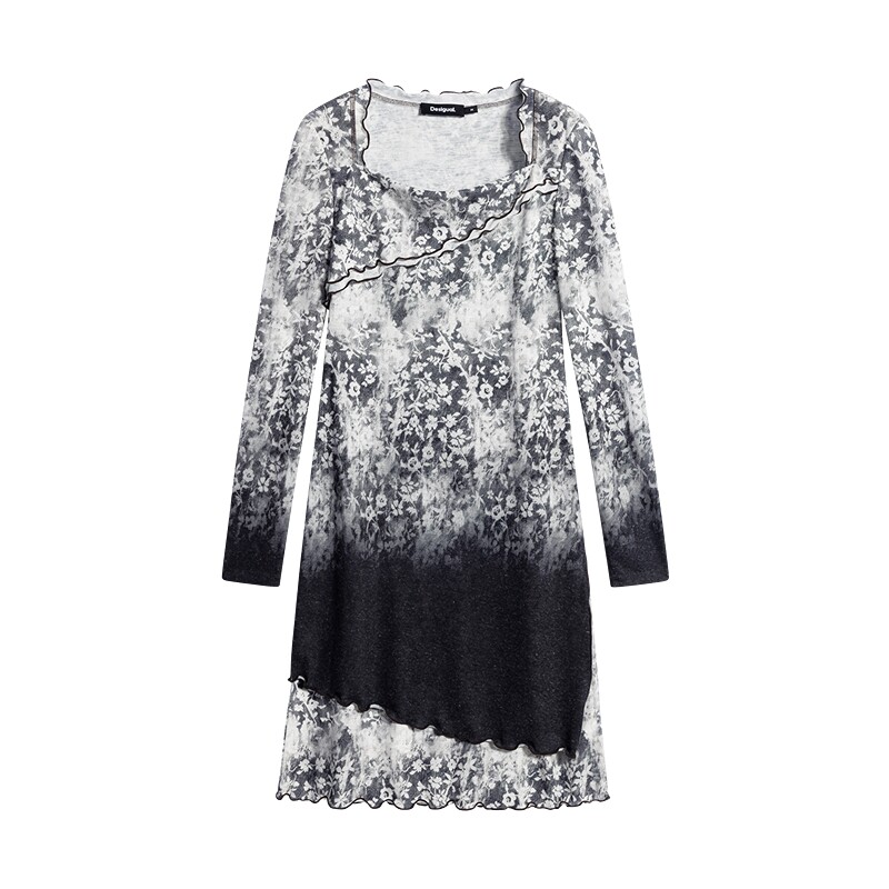 Desigual26秋冬新品渐变碎花印花方领开叉连衣裙