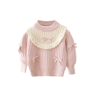 女宝宝针织衫毛衣加德绒秋冬季新款洋气女童蝴蝶结花边加绒打底衫