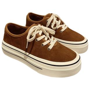 磨砂牛皮厚底板鞋女2025年新款韩版气质复古圆头百搭系带休闲鞋