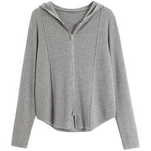 IMCC设计感小众简约洋气双拉链连帽针织开衫女秋宽松坑条帽衫上衣