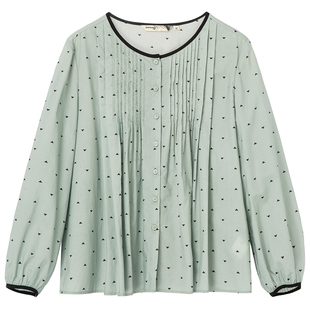 布景衬衫女春季新品简约气质印花褶皱设计感圆领长袖宽松衬衣1020