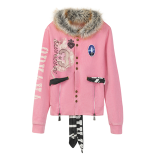 APRIORITY先验 ODVAHA之心 380g全棉粉色可拆卸毛领刺绣开衫卫衣