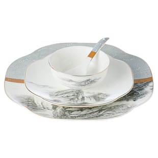 新中式山水图海誓山盟高档酒店摆台餐具套装特色饭店会所logo骨瓷