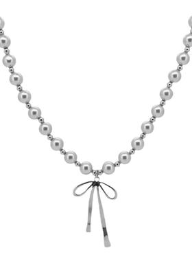 银色蝴蝶结吊坠项链女韩系