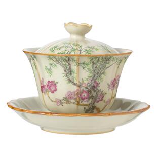 汝窑春燕梅花盖碗茶碗单个精致高档防烫手汝瓷三才泡茶碗功夫茶杯