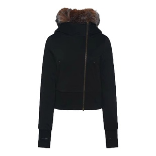 赵露思同款黑色连帽毛领斜襟毛绒内胆短款棉服外套女秋冬加绒卫衣