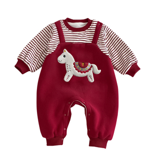 婴儿连体衣红色卡通刺绣小马加绒男宝长袖哈衣保暖假两件新年爬服