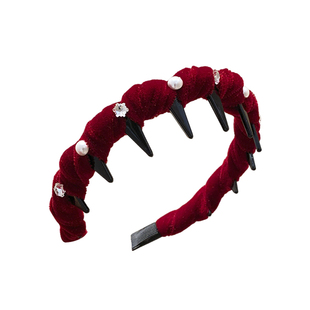 法式酒红色丝绒珍珠水钻带齿发箍女高颅顶压发洗脸防滑头箍秋冬