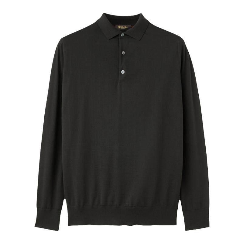 Loro Piana/诺悠翩雅男装黑色长袖细羊毛马球领polo衫