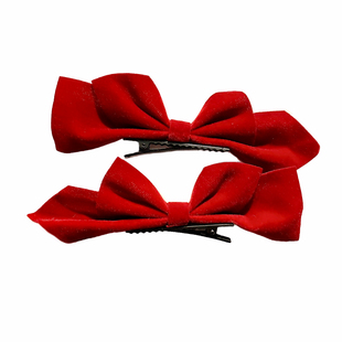 新年红色立体丝绒蝴蝶结发夹女公主风侧边夹耳边夹发卡鸭嘴夹头饰