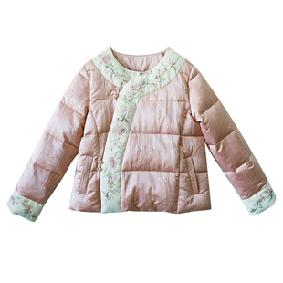 8折【锦箨】复古国风刺绣羽绒服女冬季偏襟撞色精致提花短款外套