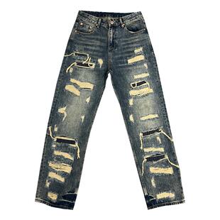 美式休闲痞帅大破洞补丁牛仔裤男士直筒宽松长裤子潮牌高街乞丐裤