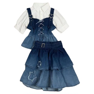 y2k蓝色法式渐变牛仔吊带洋装女夏季显瘦蛋糕蓬蓬短裙两件式套装