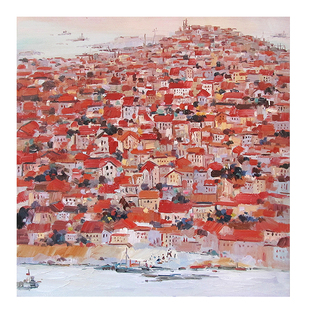 手绘临摹吴冠中青岛红楼油画法式中国风客厅挂画巨幅方形落地装饰