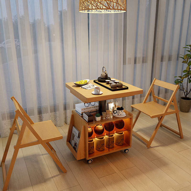 可移动升降茶几边几桌面可折叠餐桌两用一体小户型实木多功能推车