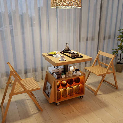 可移动升降茶几边几桌面可折叠餐桌两用一体小户型实木多功能推车