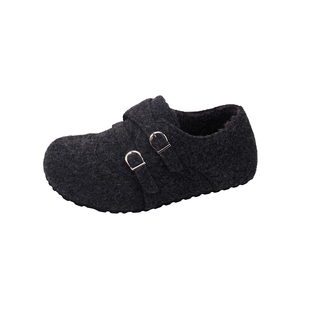 真皮厚底加绒毛呢勃肯鞋女款2025新款秋冬爆款百搭单鞋内增高鞋子