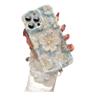 蓝光花朵适用苹果15手机壳iphone14promax带挂绳手腕链13pro高级感14女新款plus小众ins风12全包防摔11硅胶套