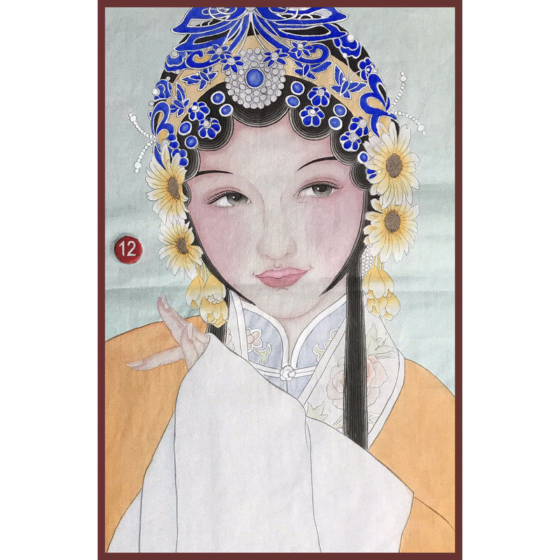 手工绘制新古典国画戏曲美女头像人物图案装饰画古风黄色水彩工笔