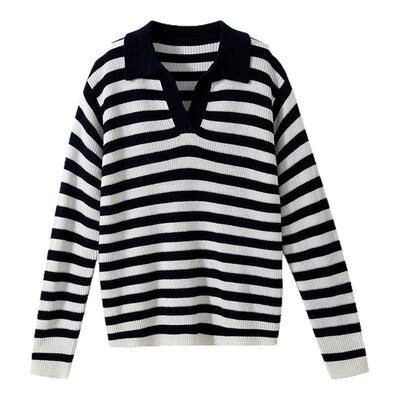 剪刀V领蓝白条纹针织衫套头毛衣