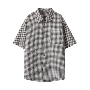 迈特优蕾丝织带肌理泡泡纱格纹短袖衬衫夏季男女款休闲古巴领T恤