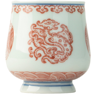 三勤堂手绘点工矾红团龙团凤握手杯景德镇陶瓷高档功夫茶具主人杯