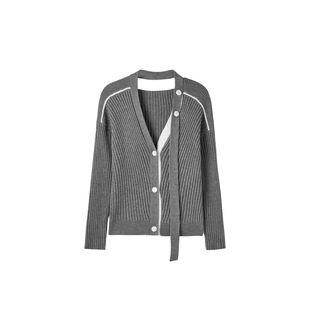 U/TI灰色撞色V领毛针织衫女 设计感修身打底上衣尤缇时尚冬季新款