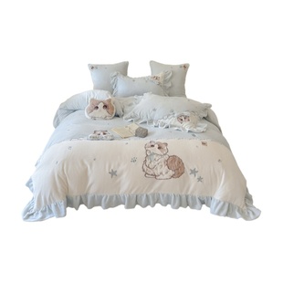 冬季少女心加厚牛奶绒四件套可爱卡通猫咪被套珊瑚绒床单床上用品