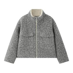 bonbon et bonbon儿童冬日羊羔绒立领时髦花灰短外套柔暖治愈