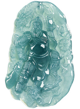 正品天然a货缅甸翡翠蓝水神龙关公武财神冰种玉石吊坠挂件玉佩