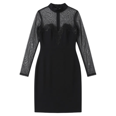 Solid Color Long Sleeve Mesh Panel Dress纯色网纱拼接连衣短裙