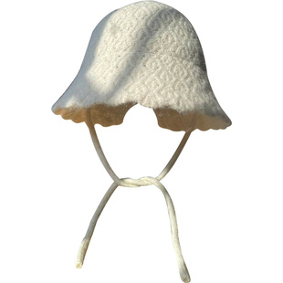 日系绑带毛线盆帽子秋冬季女款甜美花边纯色针织帽保暖防寒显脸小