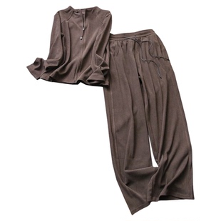 纯色修身立领运动休闲长袖卫衣外套一整套穿搭阔腿裤女套装B674