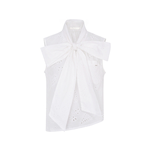 Kroche  浪漫法式 蝴蝶结系带 宽松棉布镂空刺绣蕾丝背心上衣