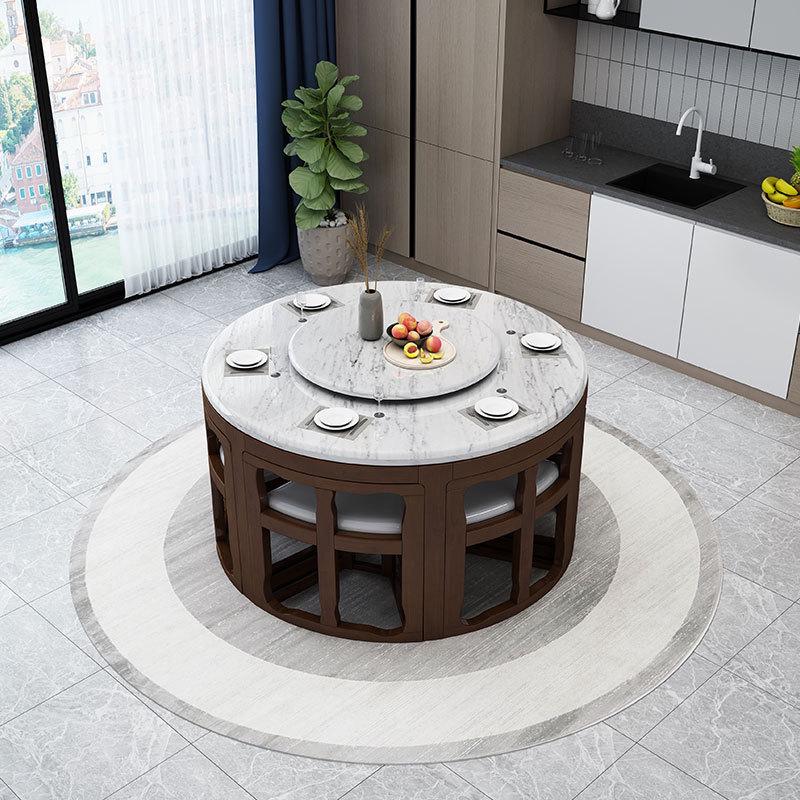 全实木餐桌椅组合家用小户型简约带转盘隐形现代圆形电磁炉大理石