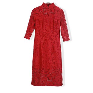 早秋大码女旗袍改良版春秋款中袖大红色蕾丝连衣裙夏季欧根纱气质