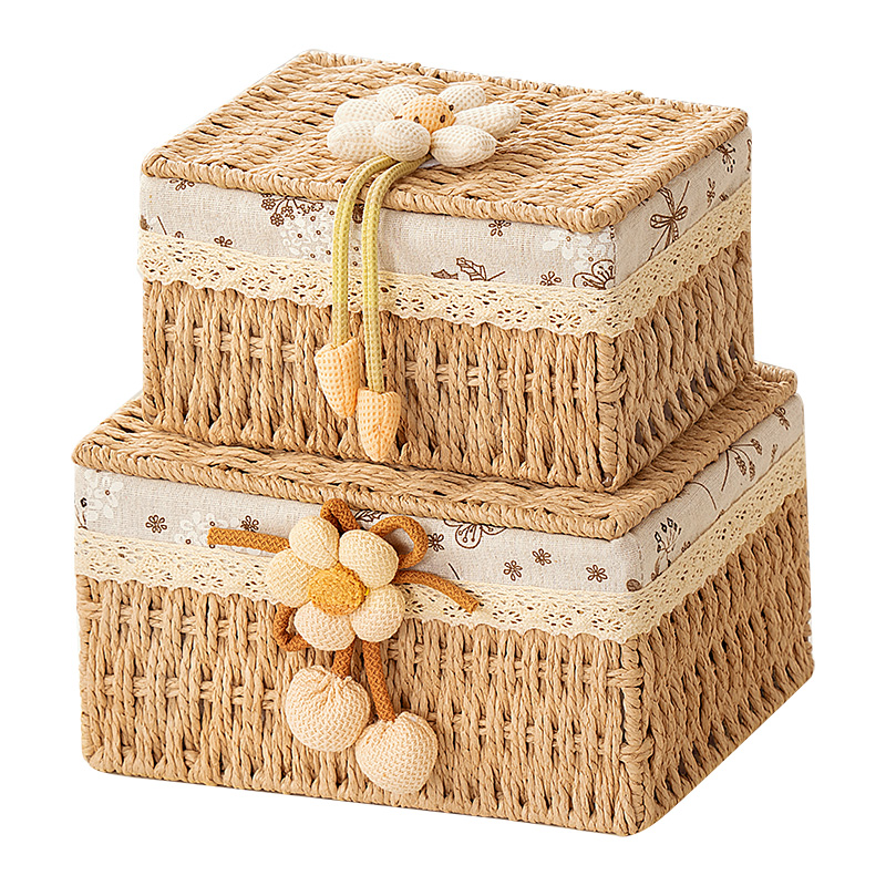 桌面收纳盒带盖子小杂物收纳筐藤编织茶几零食篮首饰化妆品储物盒