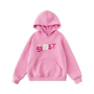 棵初2025年秋冬季新款女童加绒连帽卫衣趣味字母印花休闲长袖上衣