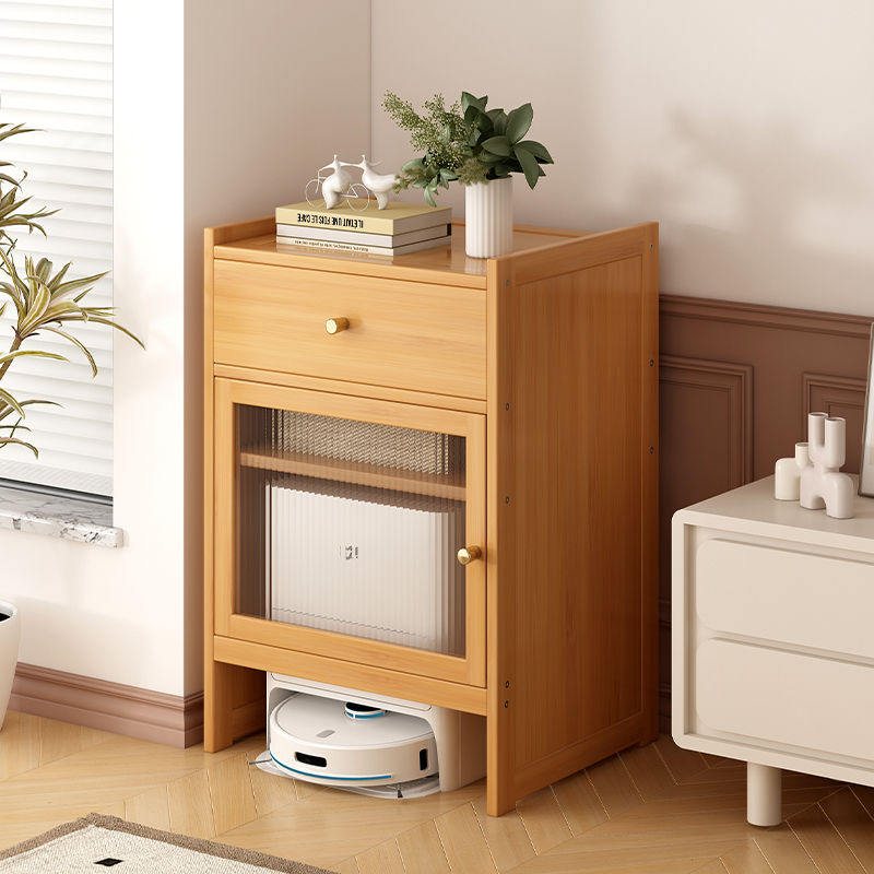 客厅置物架靠墙扫地机器人收纳小盒子角落储物楠竹杂物柜展示带抽