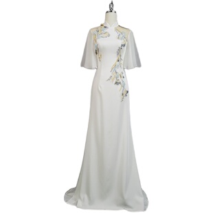 2024新款复古风旗袍风飘袖礼服长裙年会晚会主持人演出走秀晚礼服