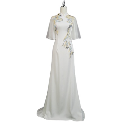 复古旗袍飘袖长裙手工钉珠立体