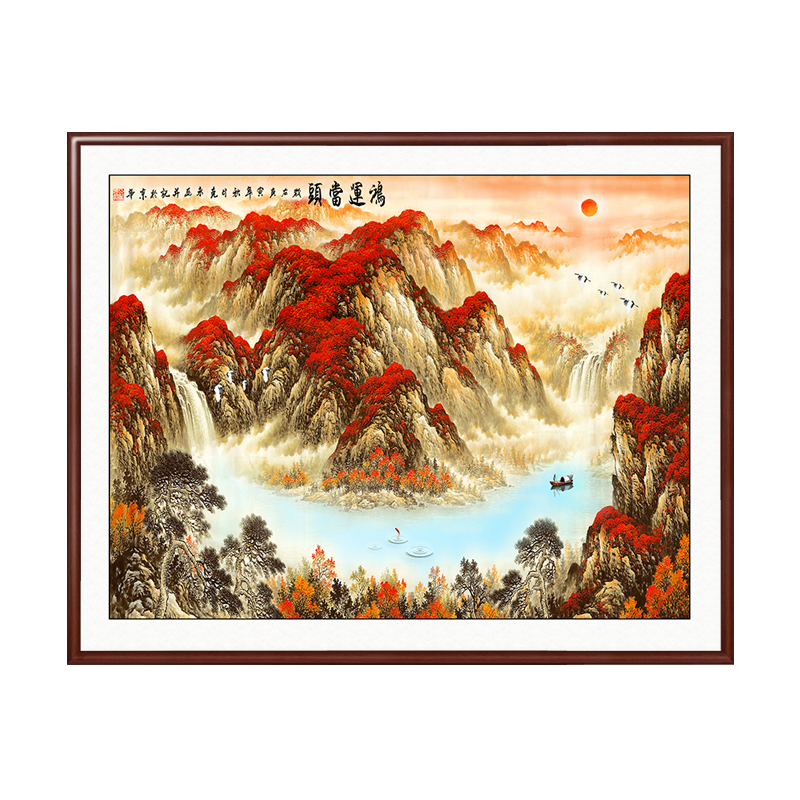 流水生财山水风景画办公室装饰画客厅玄关挂画茶室背有靠山图国画