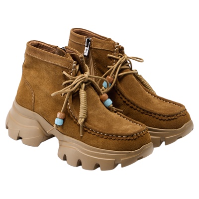 fed粗跟短靴冬季新款女靴厚底工装靴串珠高帮袋鼠鞋女S1114-YA137