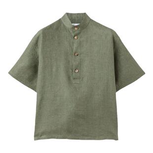 Loro Piana/诺悠翩雅男装平原绿亚麻刺绣中式领衬衫