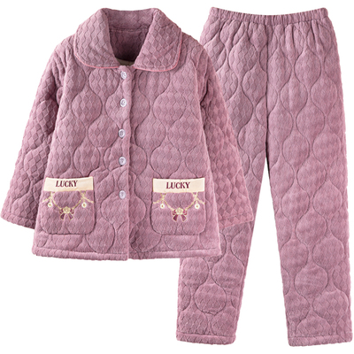 中年妈妈珊瑚绒三层夹棉睡衣女冬季加绒加厚保暖法兰绒家居服套装