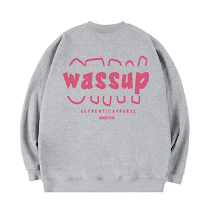 WASSUP潮牌灰色加绒卫衣男女款秋冬宽松休闲百搭美式重磅圆领上衣